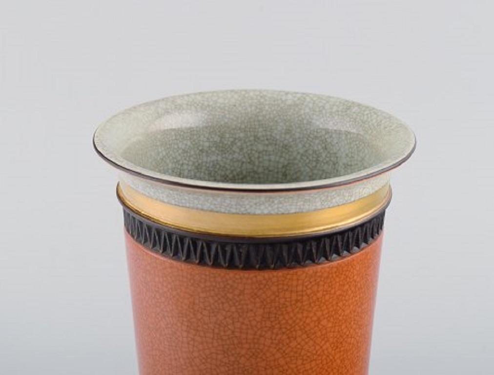 Glazed Royal Copenhagen, Bowl and Vase in Crackle Porcelain in Gold and Orange