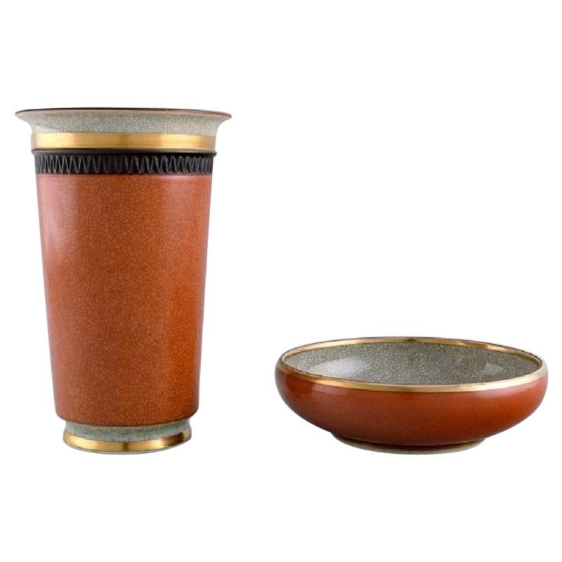 Royal Copenhagen, Bowl and Vase in Crackle Porcelain in Gold and Orange