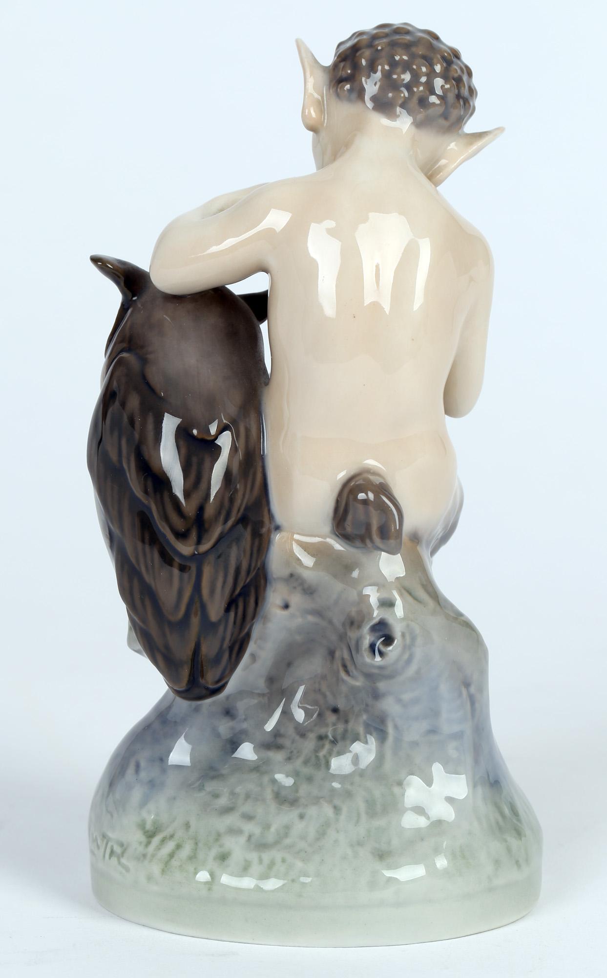 Danish Royal Copenhagen Christian Thomsen Porcelain Faun and Owl Figure