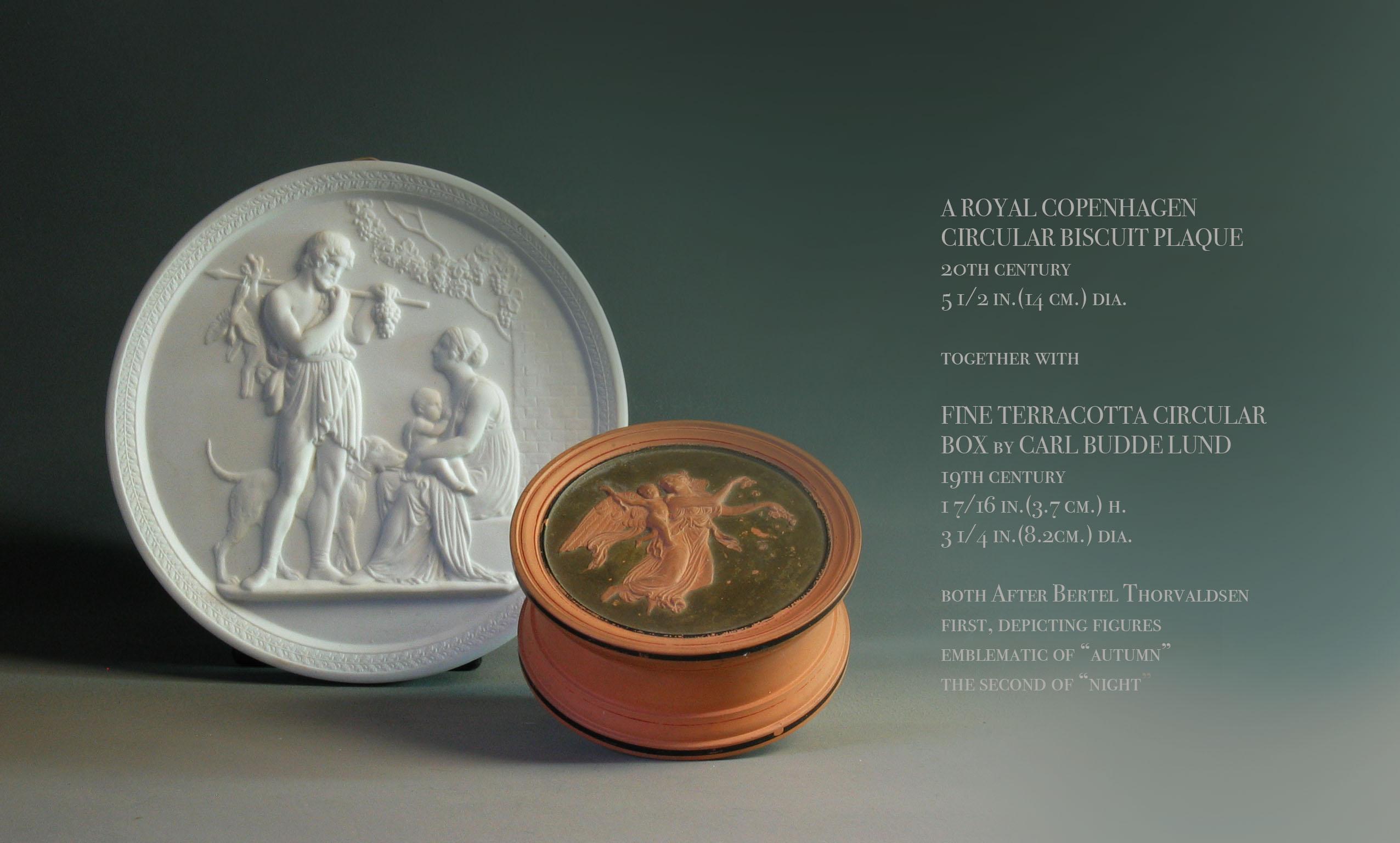
A Royal Copenhagen
Circular biscuit plaque
20th century
Measure: 5 1/2 In.(14 Cm.) diameter
Together With,
Fine terracotta circular box by Carl Budde Lund
19th century
Measures: 1 7/16 In.(3.7 Cm.) height.
3 1/4 In.(8.2cm.) diameter.
Both