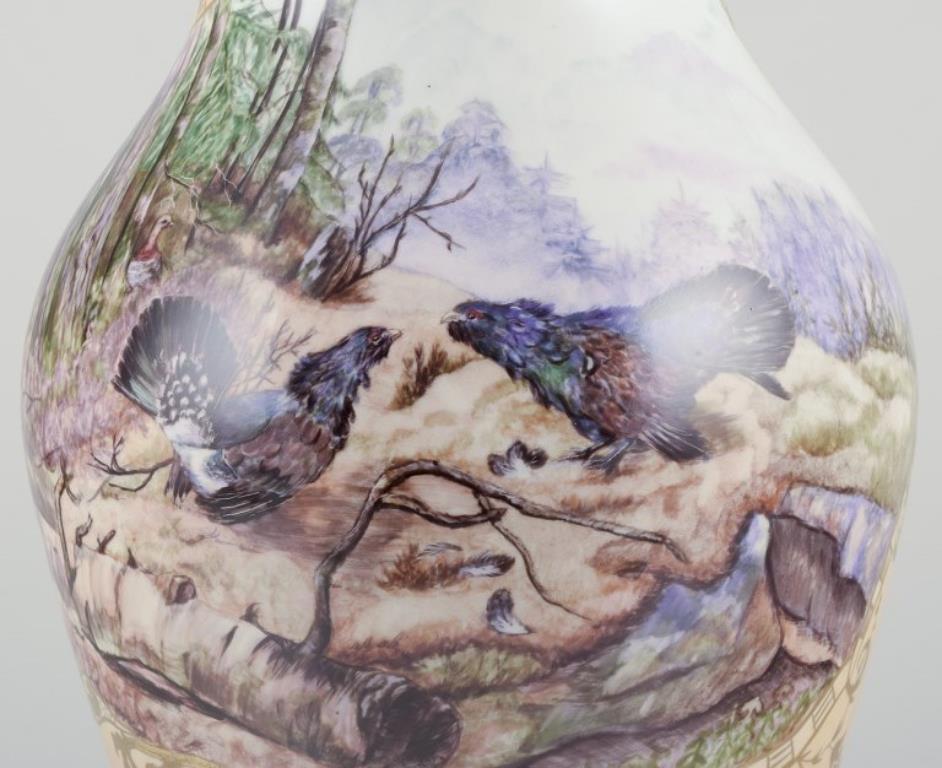 Danish Royal Copenhagen. Colossal porcelain vase. Motif of two wood grouses. For Sale