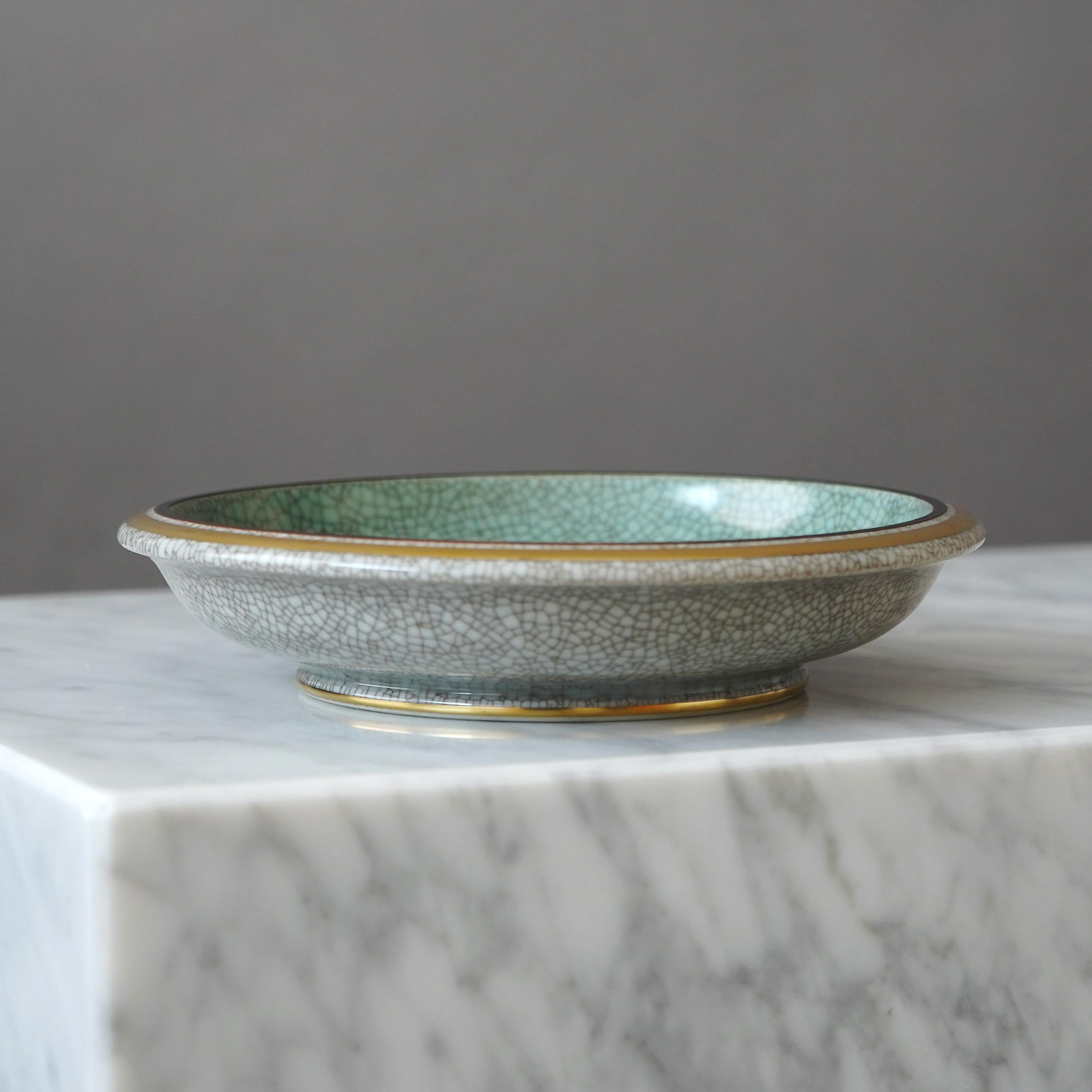 Danish Royal Copenhagen Crackle Glazed Bowl. Thorkild Olsen, Denmark, 1954. Green Gold. For Sale