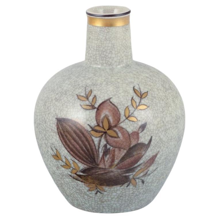 Royal Copenhagen, crackled porcelain vase with floral motif and gold decoration. For Sale