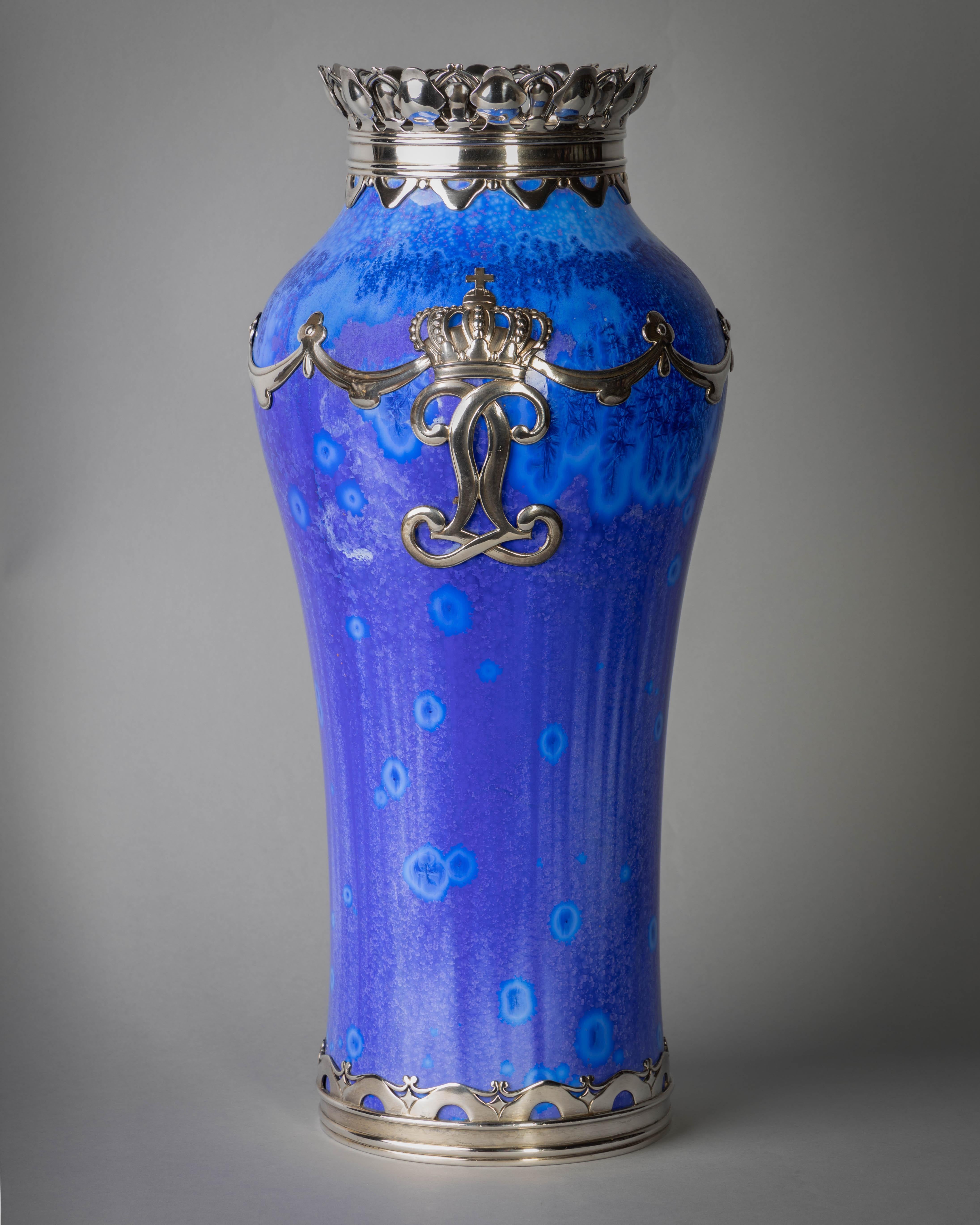 Danish Silver Mounted Royal Copenhagen Crystalline Royal Presentation Vase, Dated 1915 For Sale