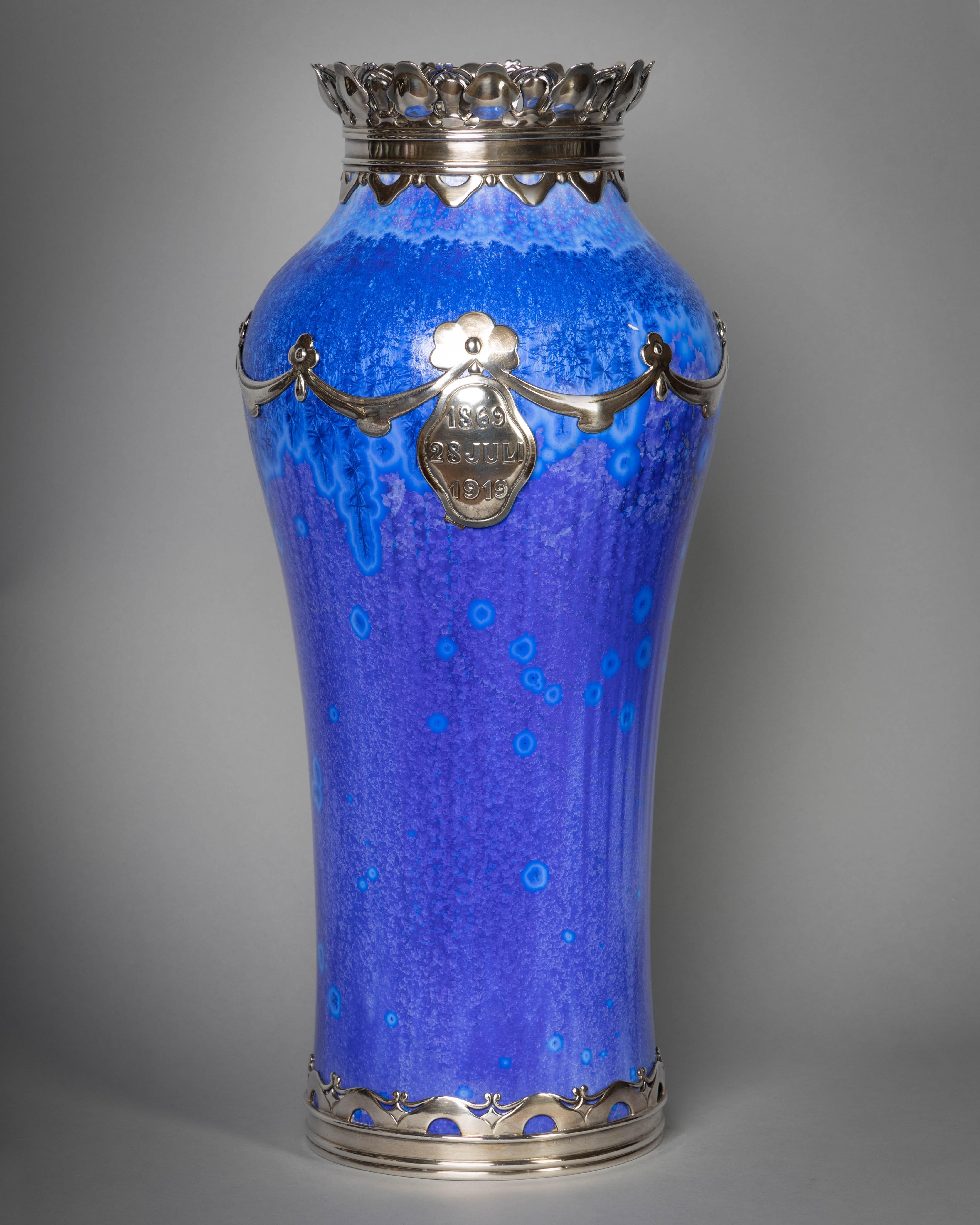 Silver Mounted Royal Copenhagen Crystalline Royal Presentation Vase, Dated 1915 In Good Condition For Sale In New York, NY
