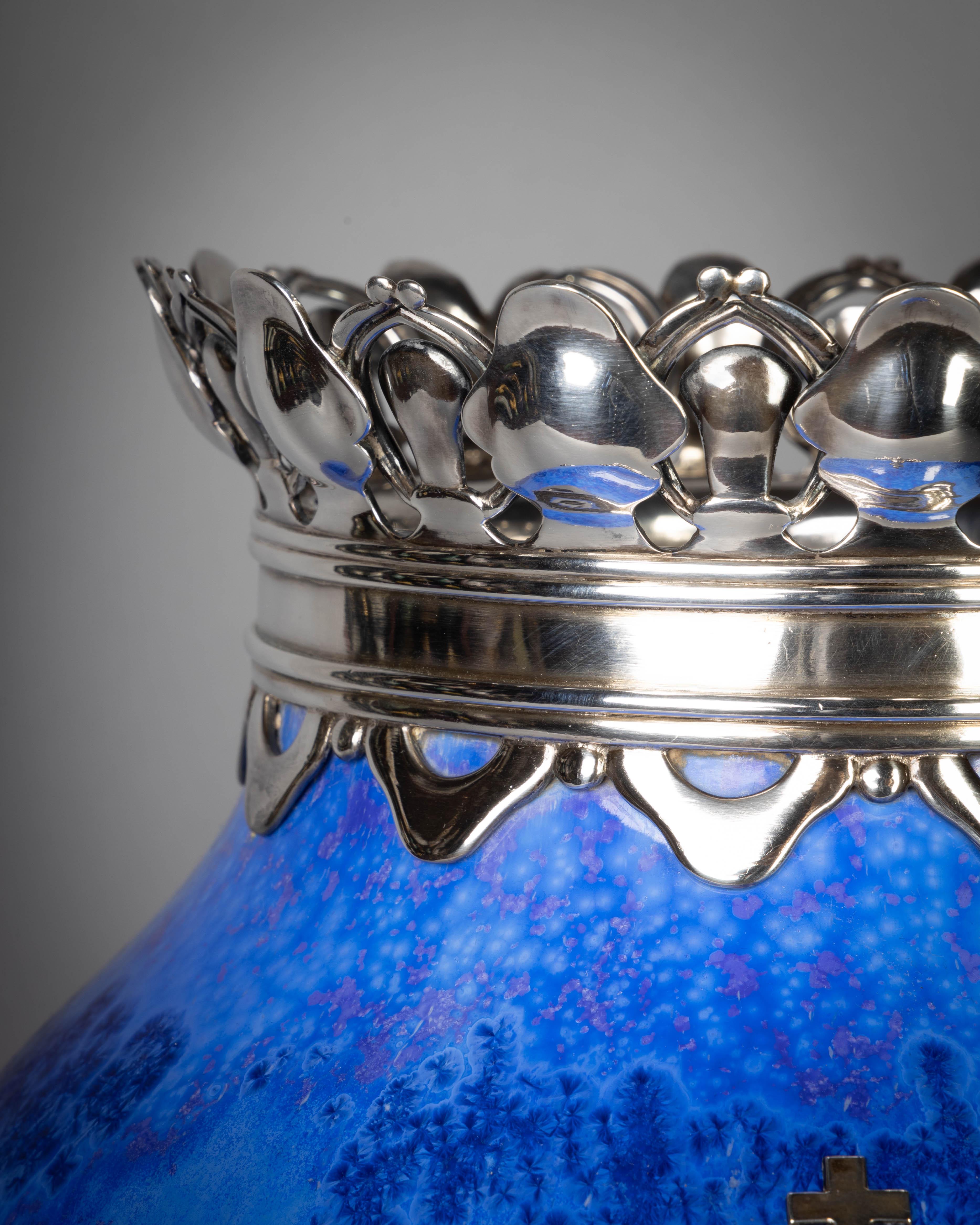 Early 20th Century Silver Mounted Royal Copenhagen Crystalline Royal Presentation Vase, Dated 1915 For Sale