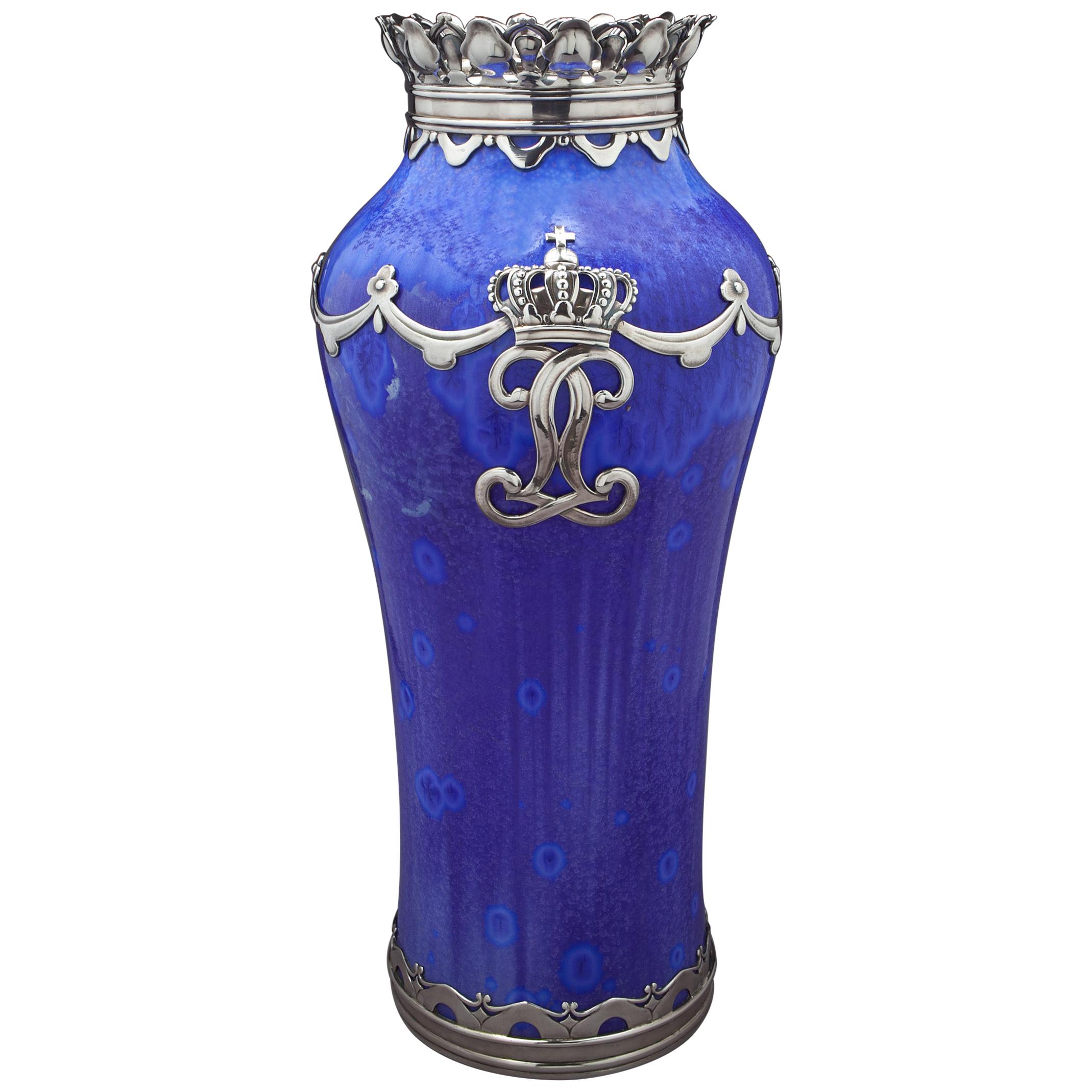 Silver Mounted Royal Copenhagen Crystalline Royal Presentation Vase, Dated 1915 For Sale