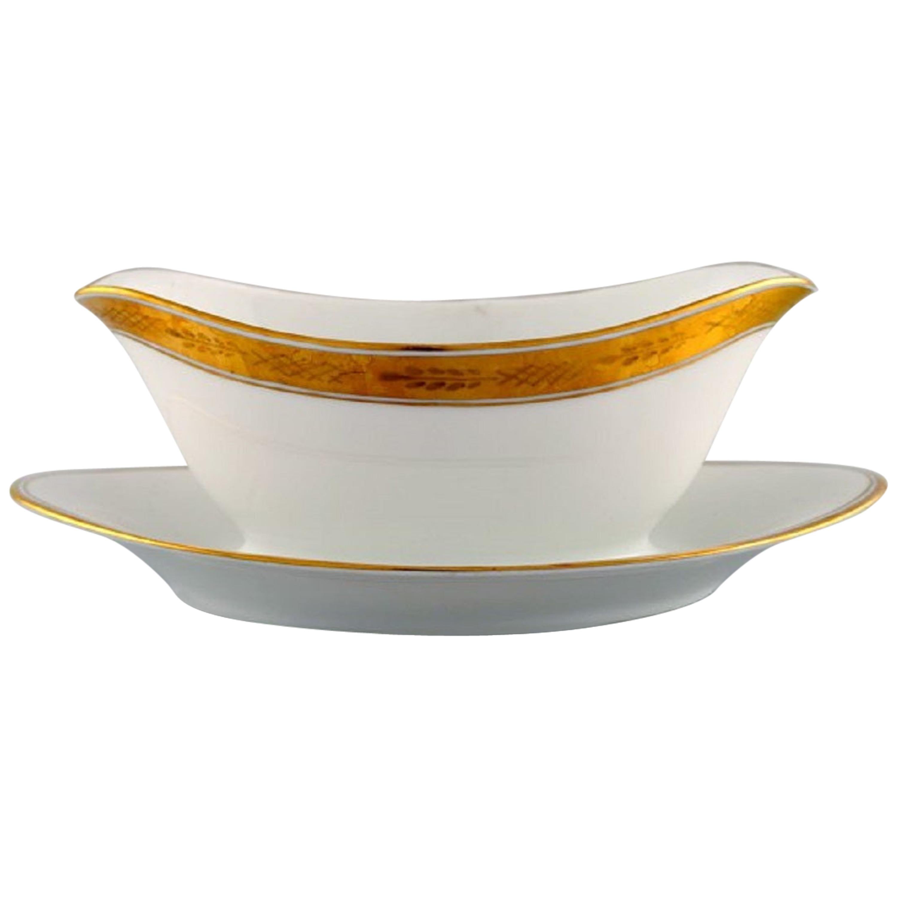 Royal Copenhagen Dagmar, White, Porcelain Sauce Boat with Gold Edge For Sale