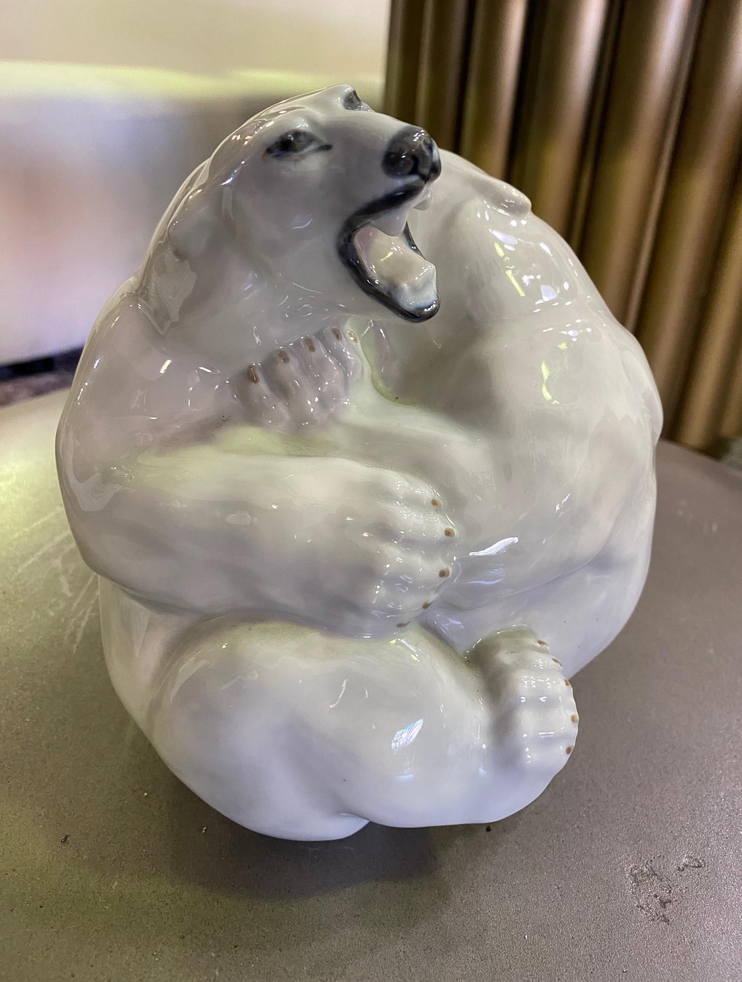 Mid-Century Modern Royal Copenhagen Danish Stamped Signed Porcelain Fighting Polar Bears Model 2317 For Sale