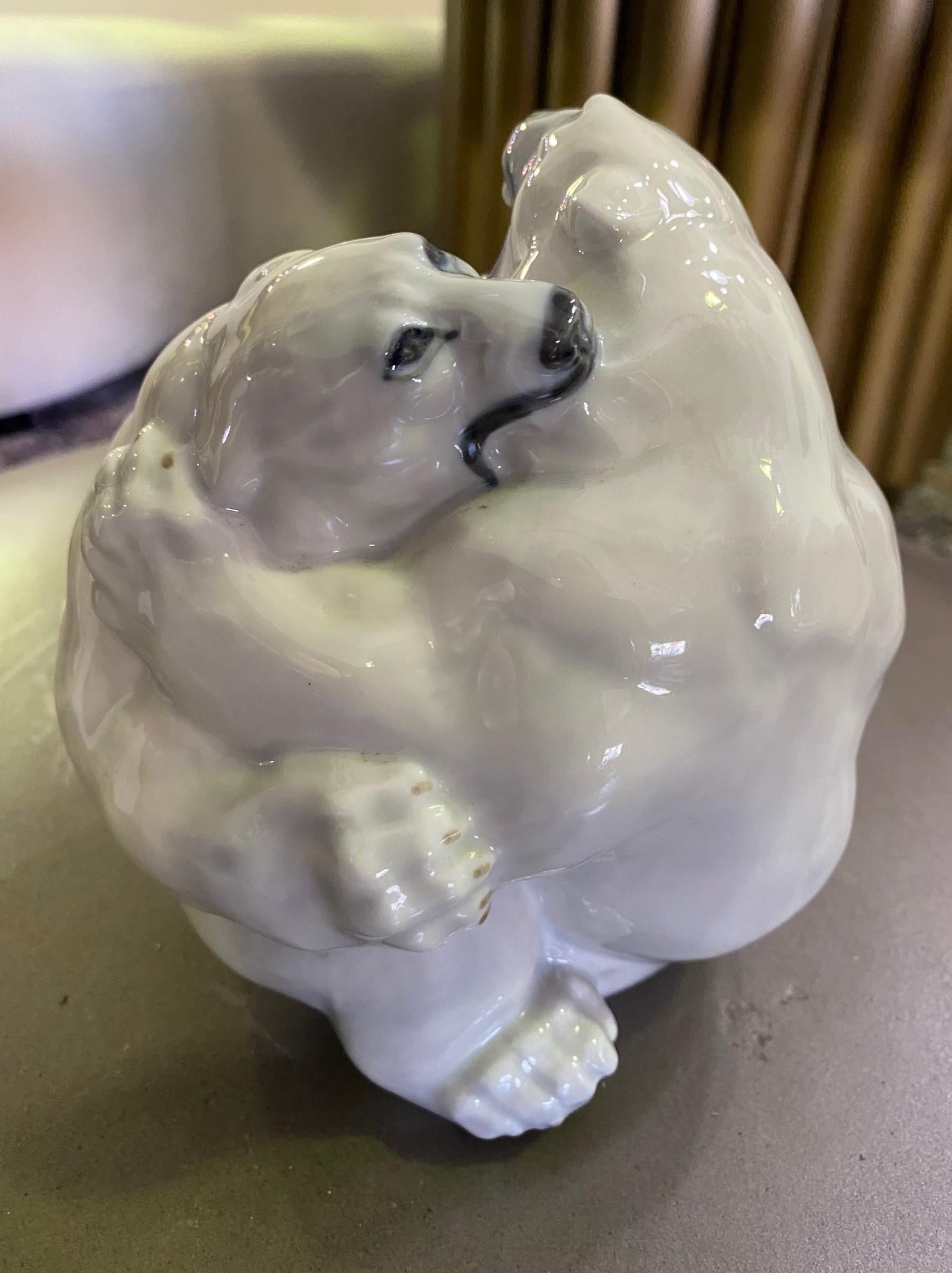 Royal Copenhagen Danish Stamped Signed Porcelain Fighting Polar Bears Model 2317 For Sale 1