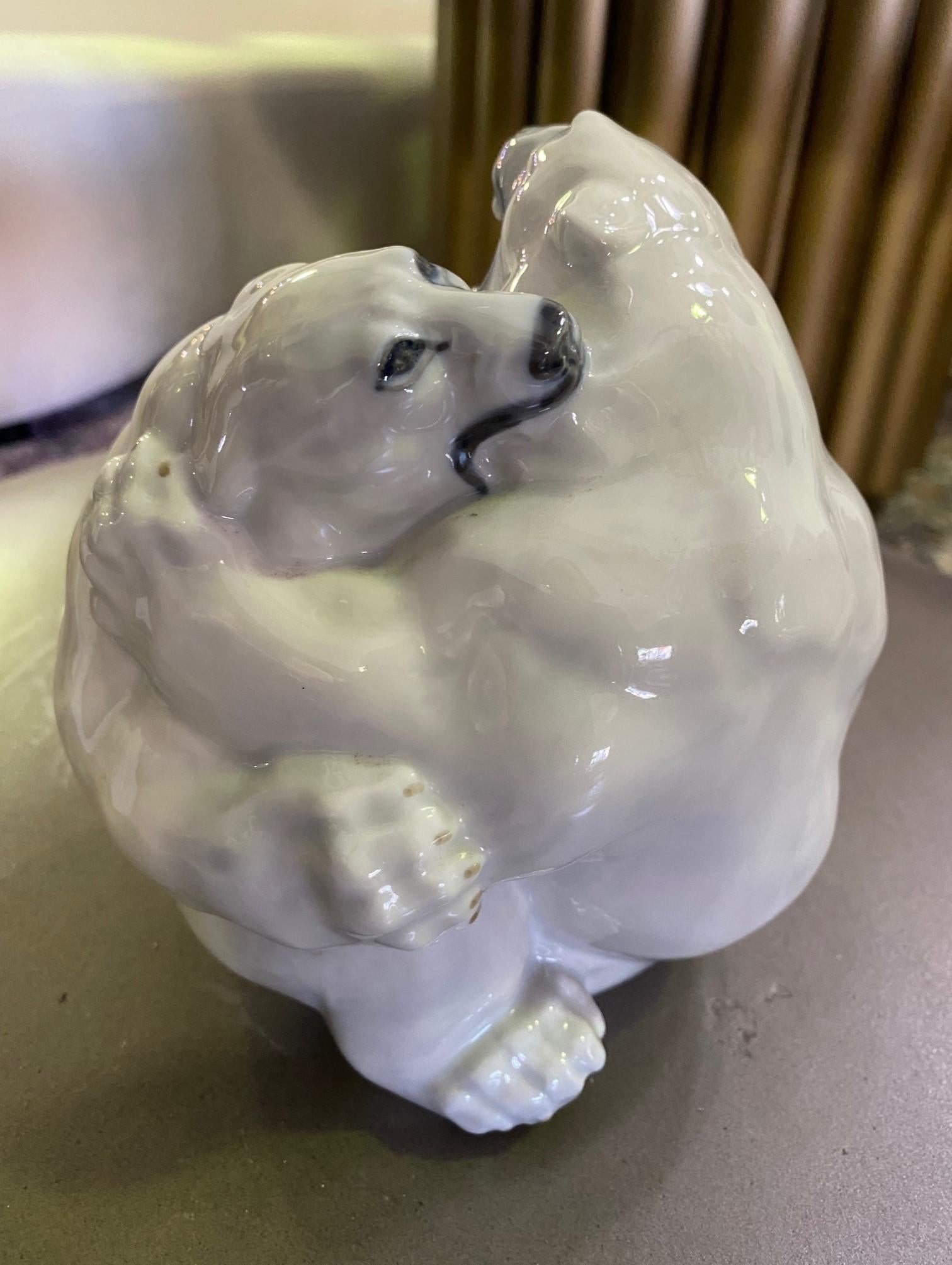 Royal Copenhagen Danish Stamped Signed Porcelain Fighting Polar Bears Model 2317 For Sale 3