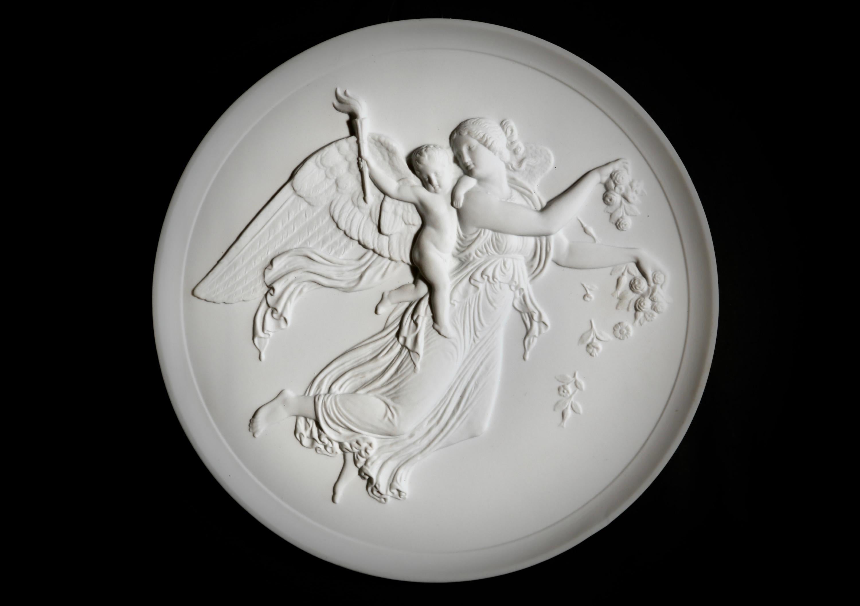 Royal Copenhagen Denmark Bisque Angel Night & Day 2 Round Wall Plaques c. 1970 In Excellent Condition In Glenford, NY