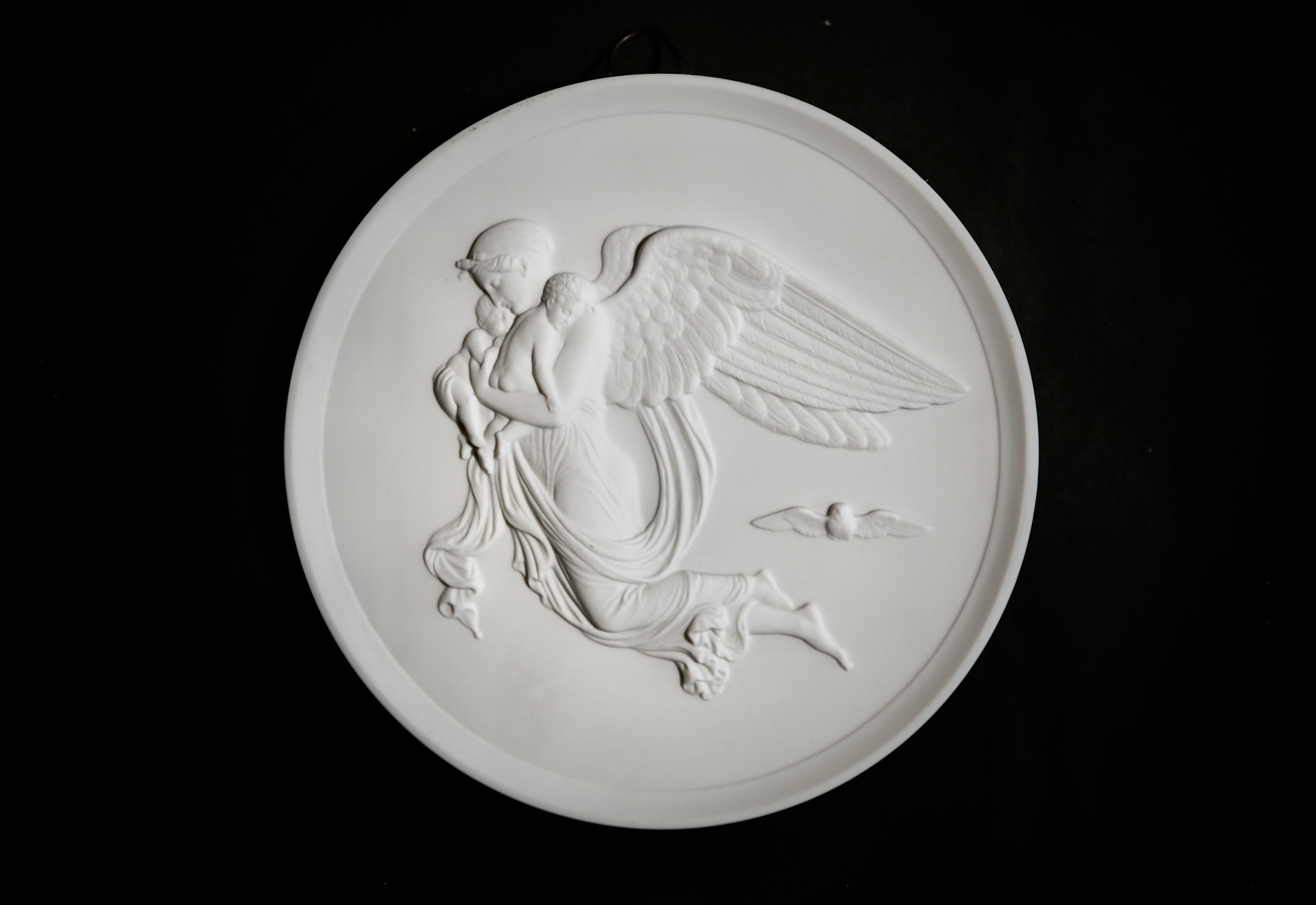 Late 20th Century Royal Copenhagen Denmark Bisque Angel Night & Day 2 Round Wall Plaques c. 1970