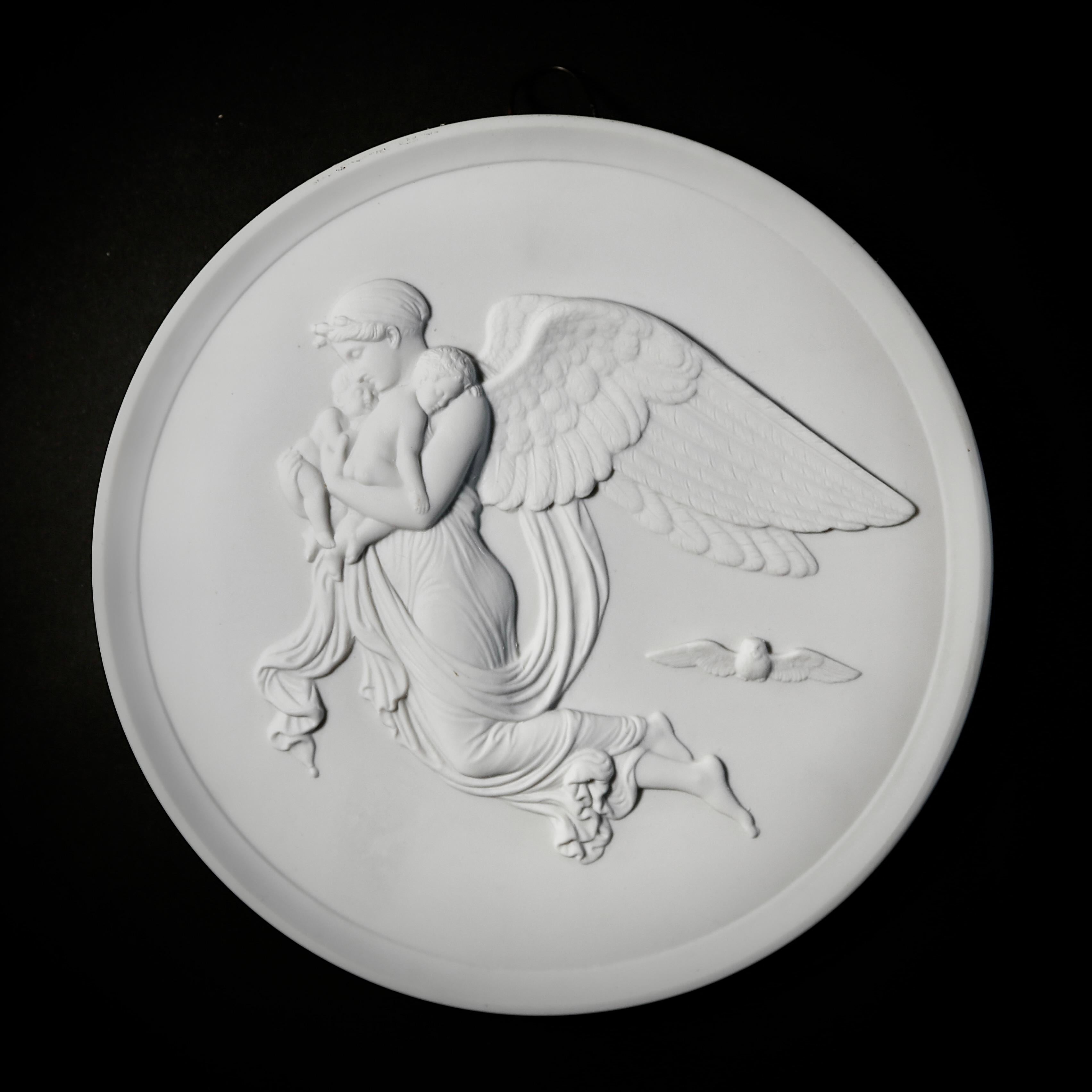 Porcelain Royal Copenhagen Denmark Bisque Angel Night & Day 2 Round Wall Plaques c. 1970