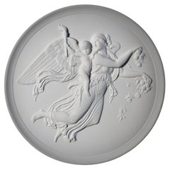 Royal Copenhagen Denmark Bisque Angel Night & Day 2 Round Wall Plaques c. 1970