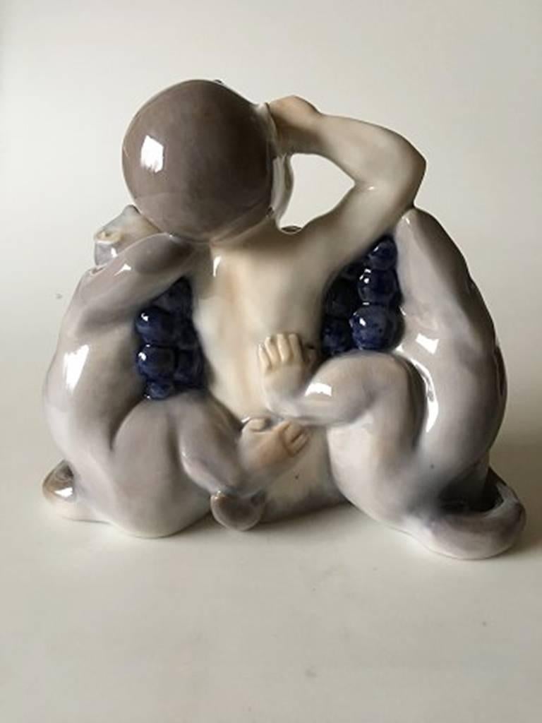 Art nouveau Royal Copenhagen Figurine Faun/Pan avec deux singes #2496