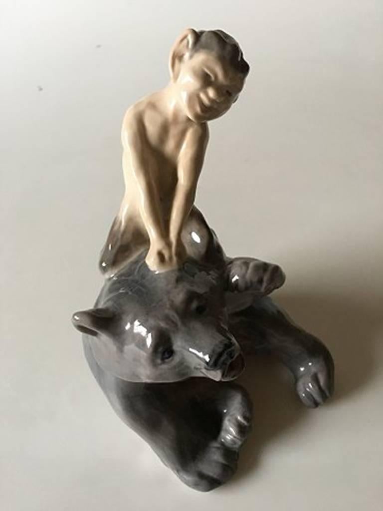 Art Nouveau Royal Copenhagen Figurine Faun/Pan Pulling Bear Ear #1804 For Sale