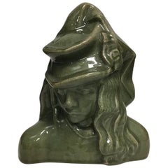 Royal Copenhagen Figurine of Stoneware "Girl with Hat" with Green Glaze No 20874