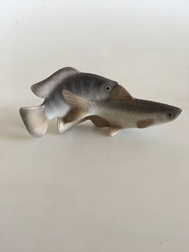 Royal Copenhagen figurine of two fish #3042. Measures: 11 cm L (4 21/64 in), 4.5 cm H (1 49/64 in). In great condition, without any chips or reparations to it.