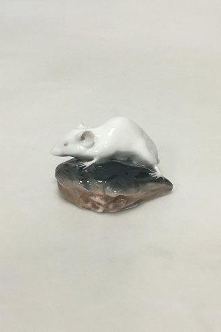 Royal Copenhagen figurine of white mouse on the head of a plaice. 

Measures 8 cm / 3 5/32 in. 

Ear with chip.
     
