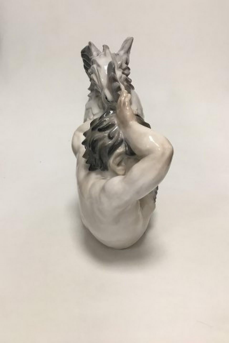 Art Nouveau Royal Copenhagen Figurine og Faun in a Fight with a Rooster No 3083, Signed KK For Sale