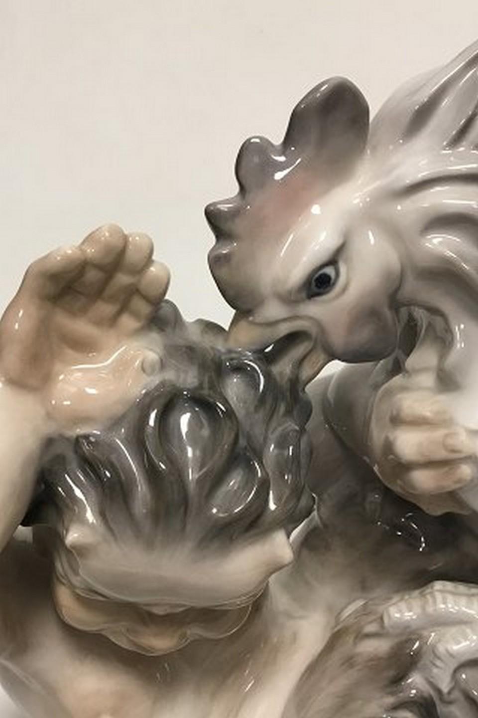 Danish Royal Copenhagen Figurine og Faun in a Fight with a Rooster No 3083, Signed KK For Sale