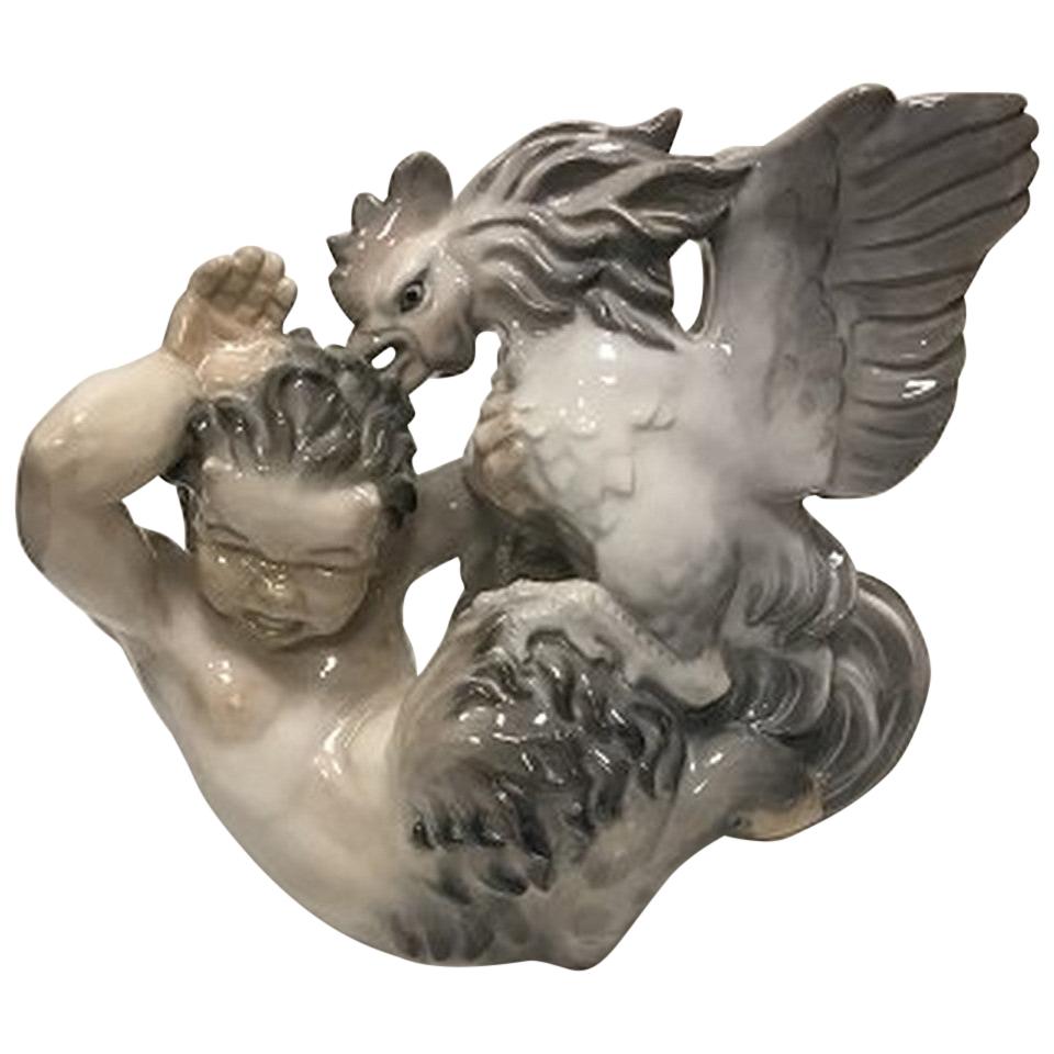 Royal Copenhagen Figurine og Faun in a Fight with a Rooster No 3083, Signed KK For Sale