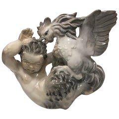 Royal Copenhagen Figurine og Faun in a Fight with a Rooster No 3083, Signed KK