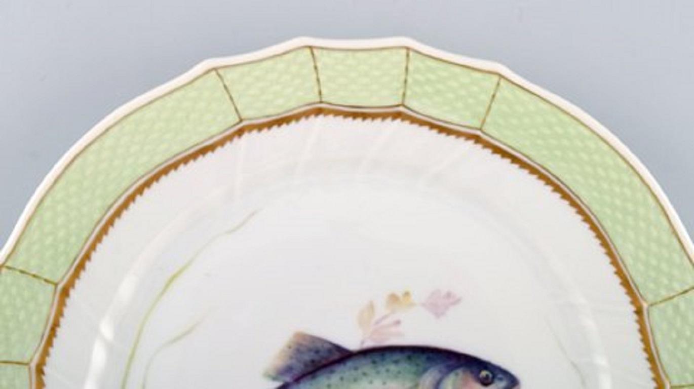 Danish Royal Copenhagen Fish Plate with Green Edge, Gold Decoration and Fish Motif For Sale