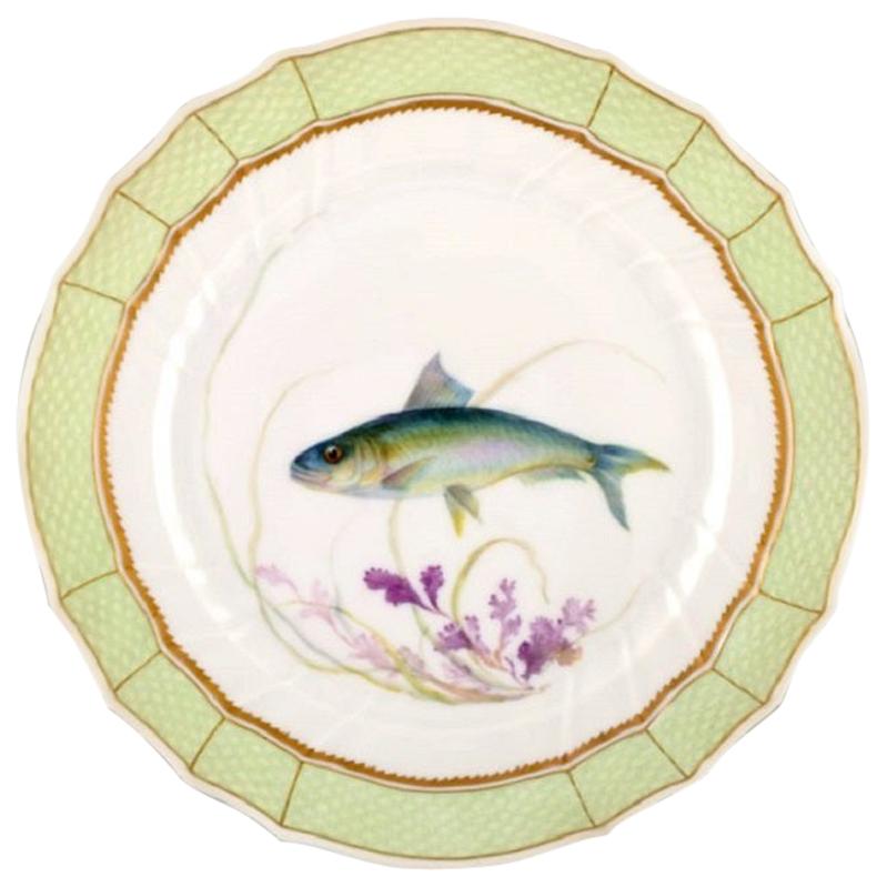 Royal Copenhagen Fish Plate with Green Edge, Gold Decoration and Fish Motif For Sale