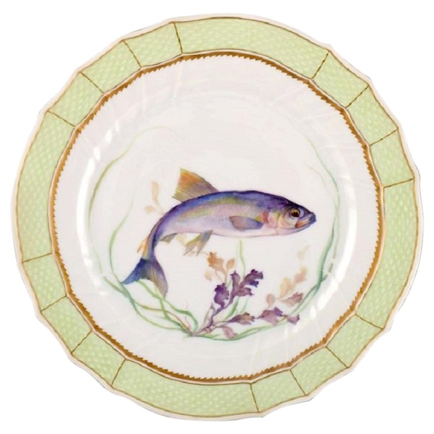 Royal Copenhagen Fish Plate with Green Edge, Gold Decoration and Fish Motif For Sale