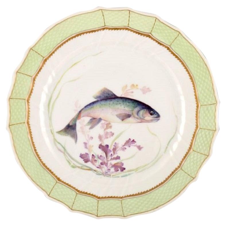 Royal Copenhagen Fish Plate with Green Edge, Gold Decoration and Fish Motif For Sale