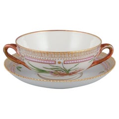 Royal Copenhagen Flora Danica bouillon cup with saucer. Hand-painted.
