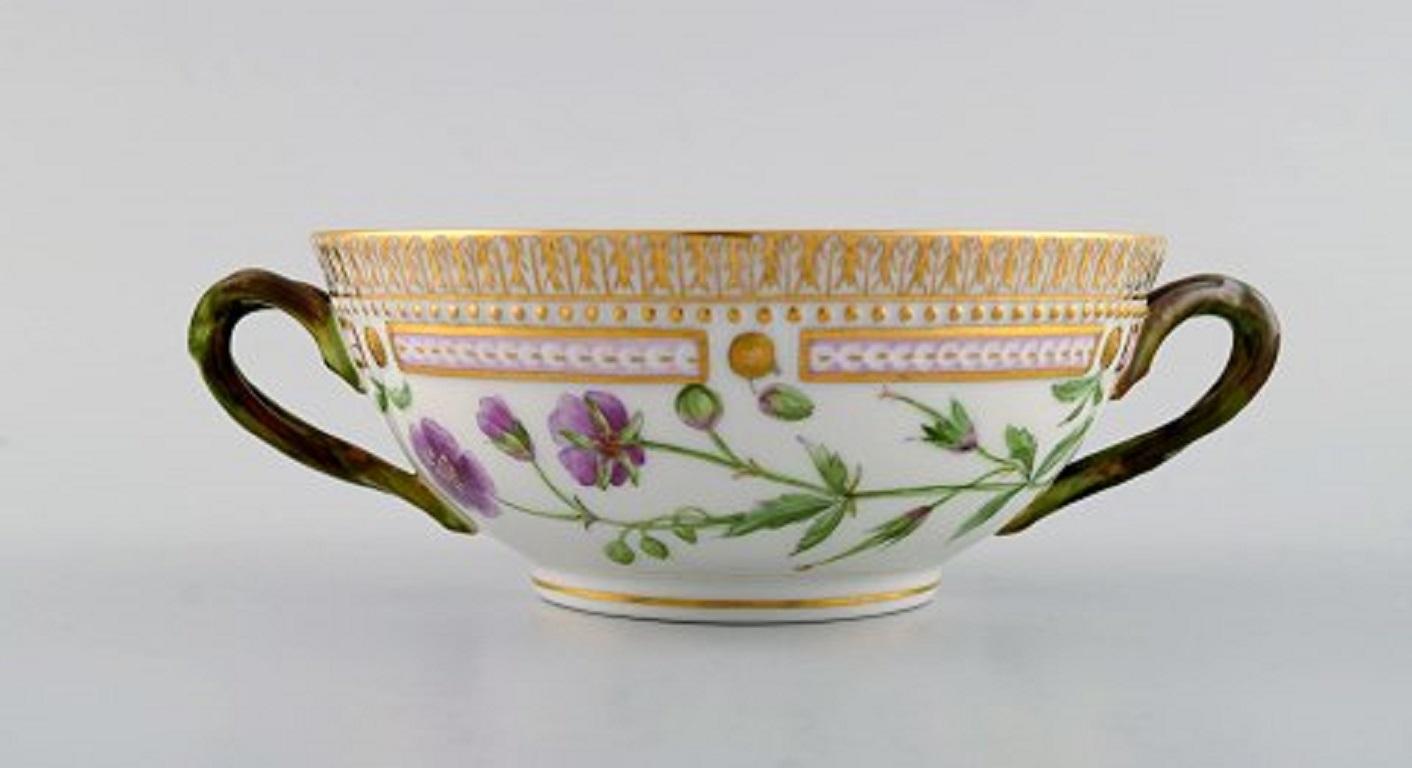 Neoclassical Royal Copenhagen Flora Danica Bouillon Cup with Saucer in Hand Painted Porcelain