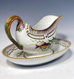 Royal Copenhagen Flora Danica Hand Painted Aquatic Theme Fish Gravy Boat & Stand