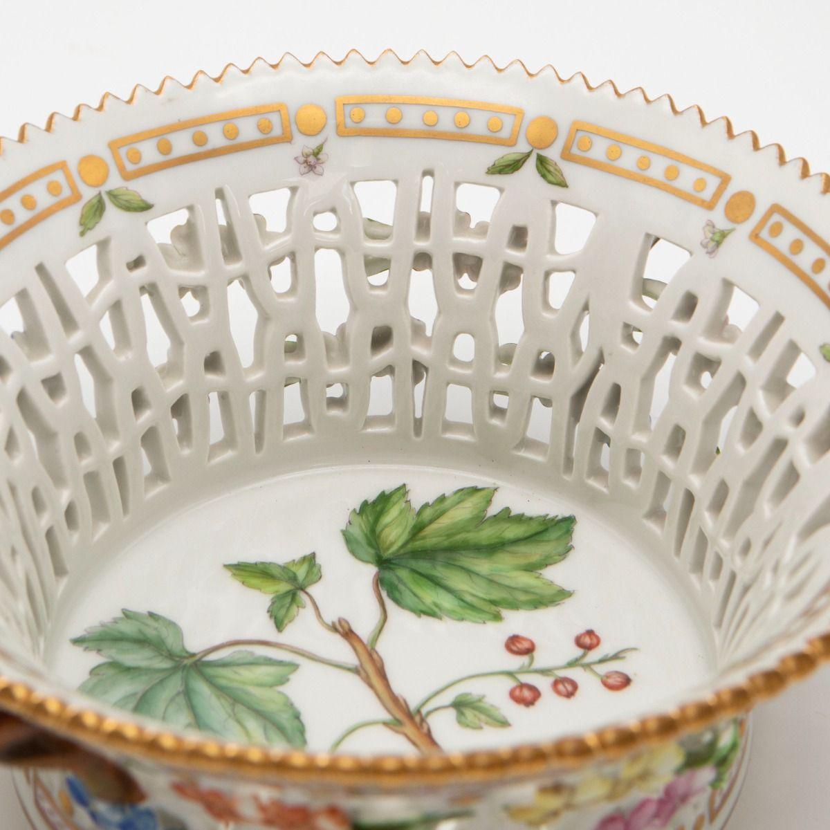 European Royal Copenhagen Flora Danica Pierced Fruit Bowl with Handles, Ribes Rubrum L. For Sale