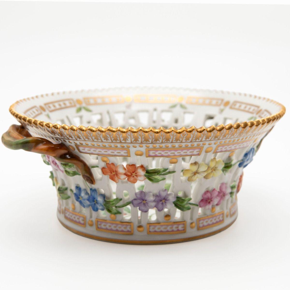 Gilt Royal Copenhagen Flora Danica Pierced Fruit Bowl with Handles, Ribes Rubrum L. For Sale