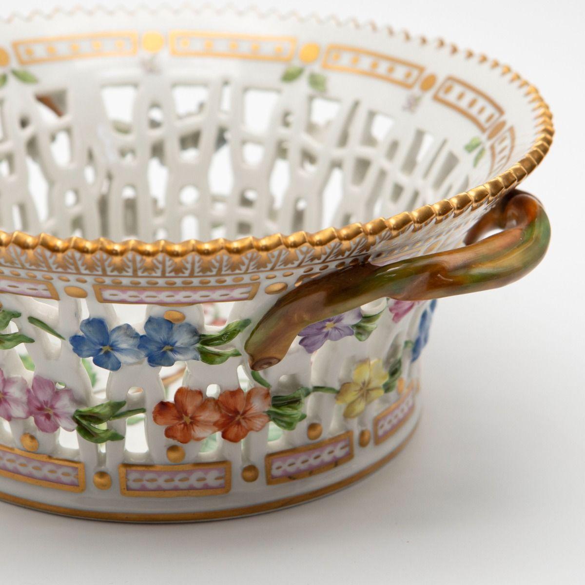 20th Century Royal Copenhagen Flora Danica Pierced Fruit Bowl with Handles, Ribes Rubrum L. For Sale