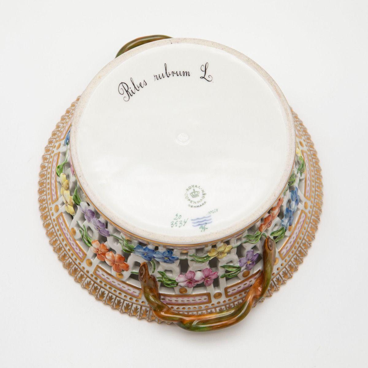 Porcelain Royal Copenhagen Flora Danica Pierced Fruit Bowl with Handles, Ribes Rubrum L. For Sale