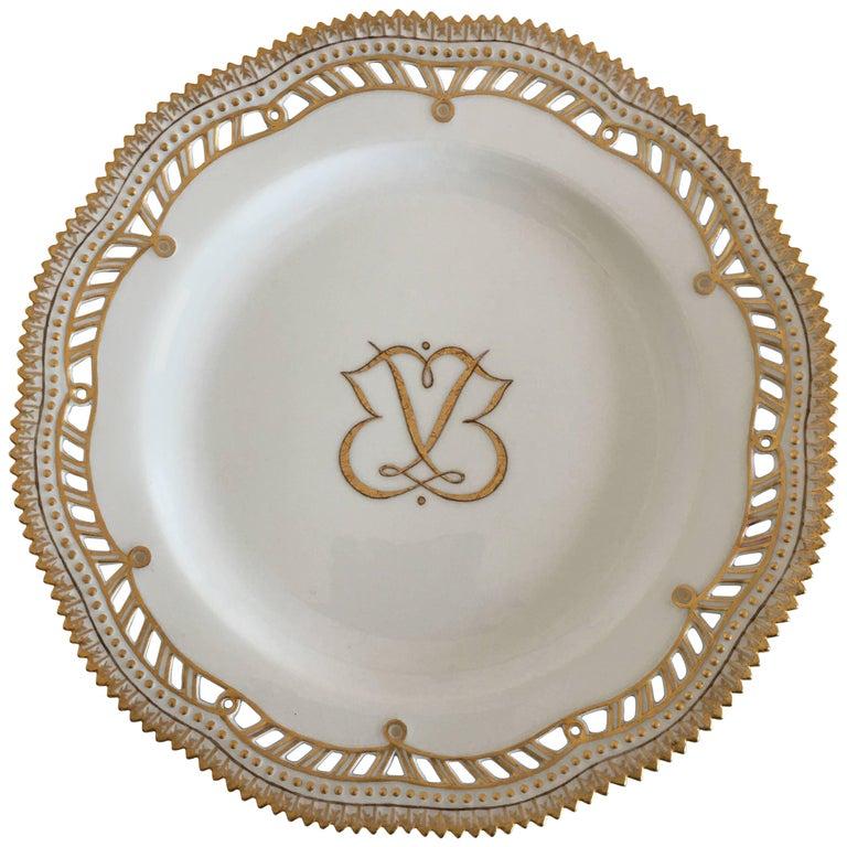 Danish Royal Copenhagen Flora Danica Plate with Pierced Border and Monogram For Sale