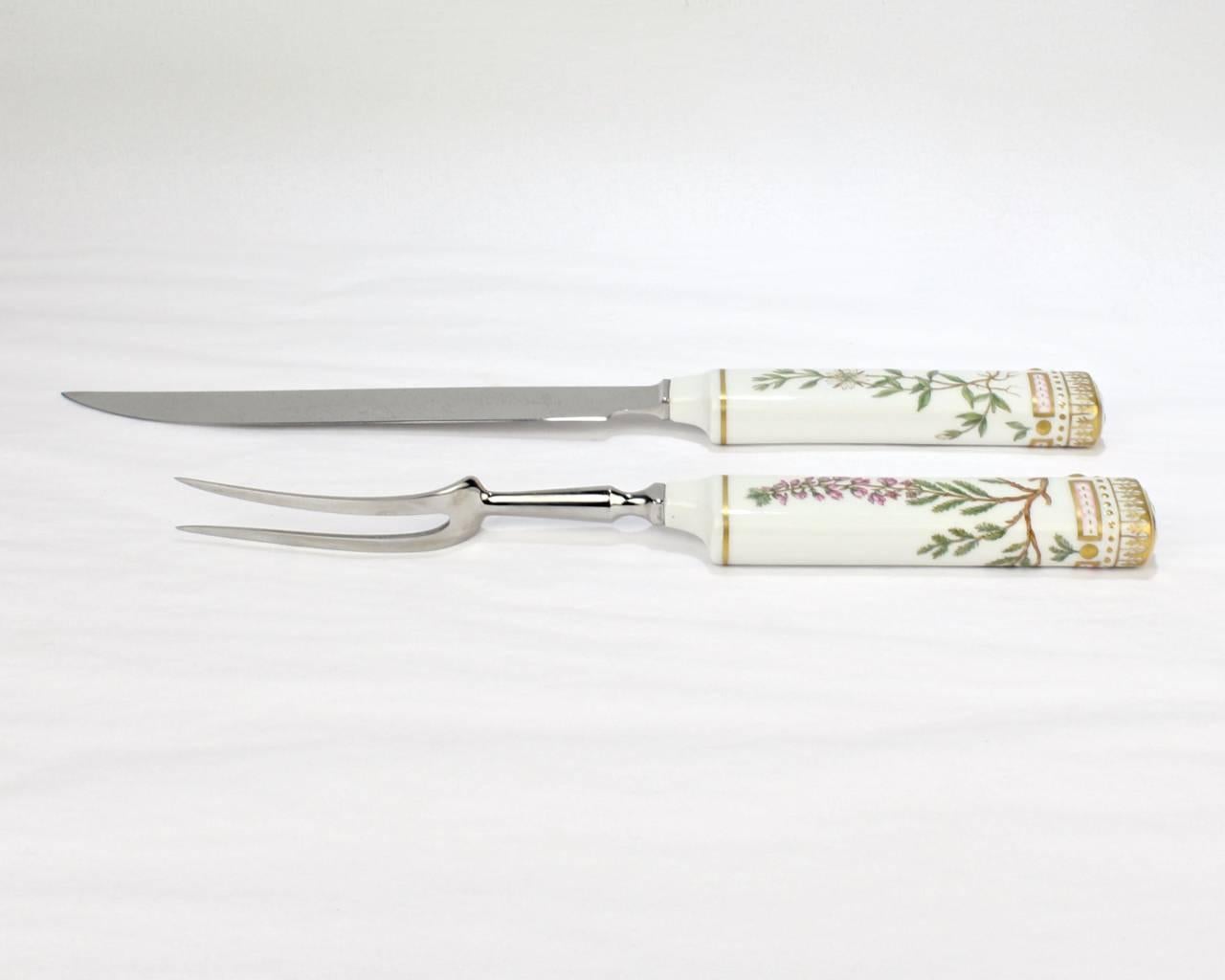 Danish Royal Copenhagen Flora Danica Porcelain Handle Carving Fork Knife Set with Box