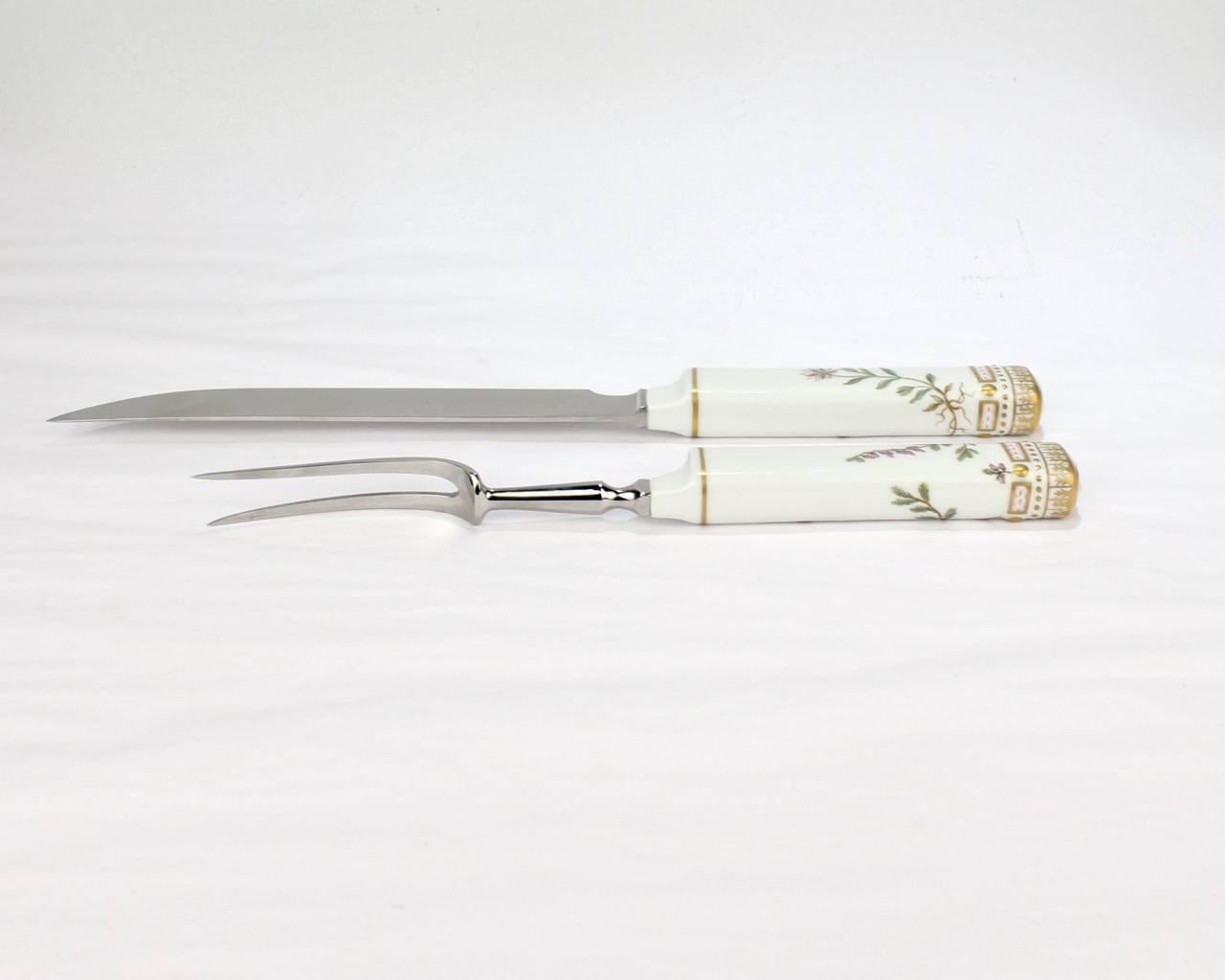 20th Century Royal Copenhagen Flora Danica Porcelain Handle Carving Fork Knife Set with Box