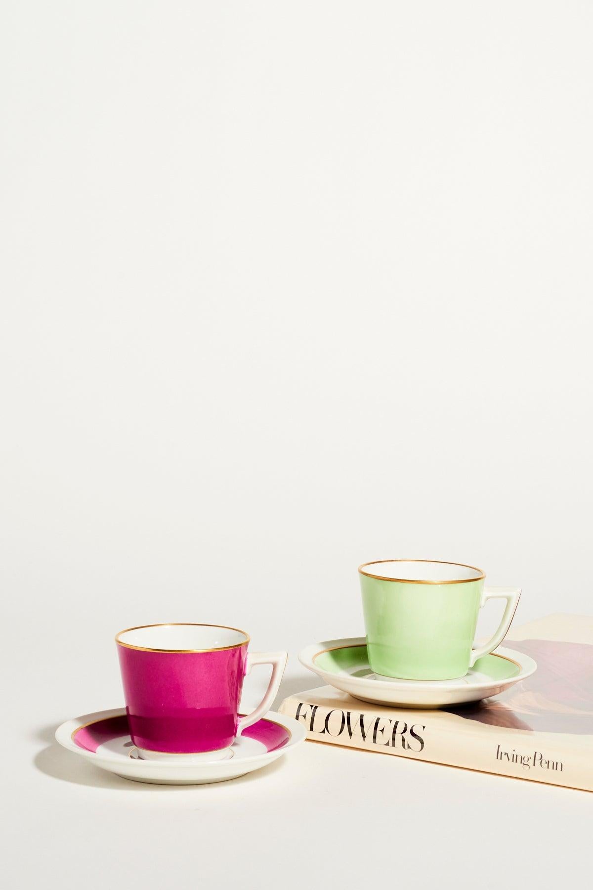 Royal Copenhagen Fuchsia and Pale Mint Demitasses Set of Two In Excellent Condition In New York, NY