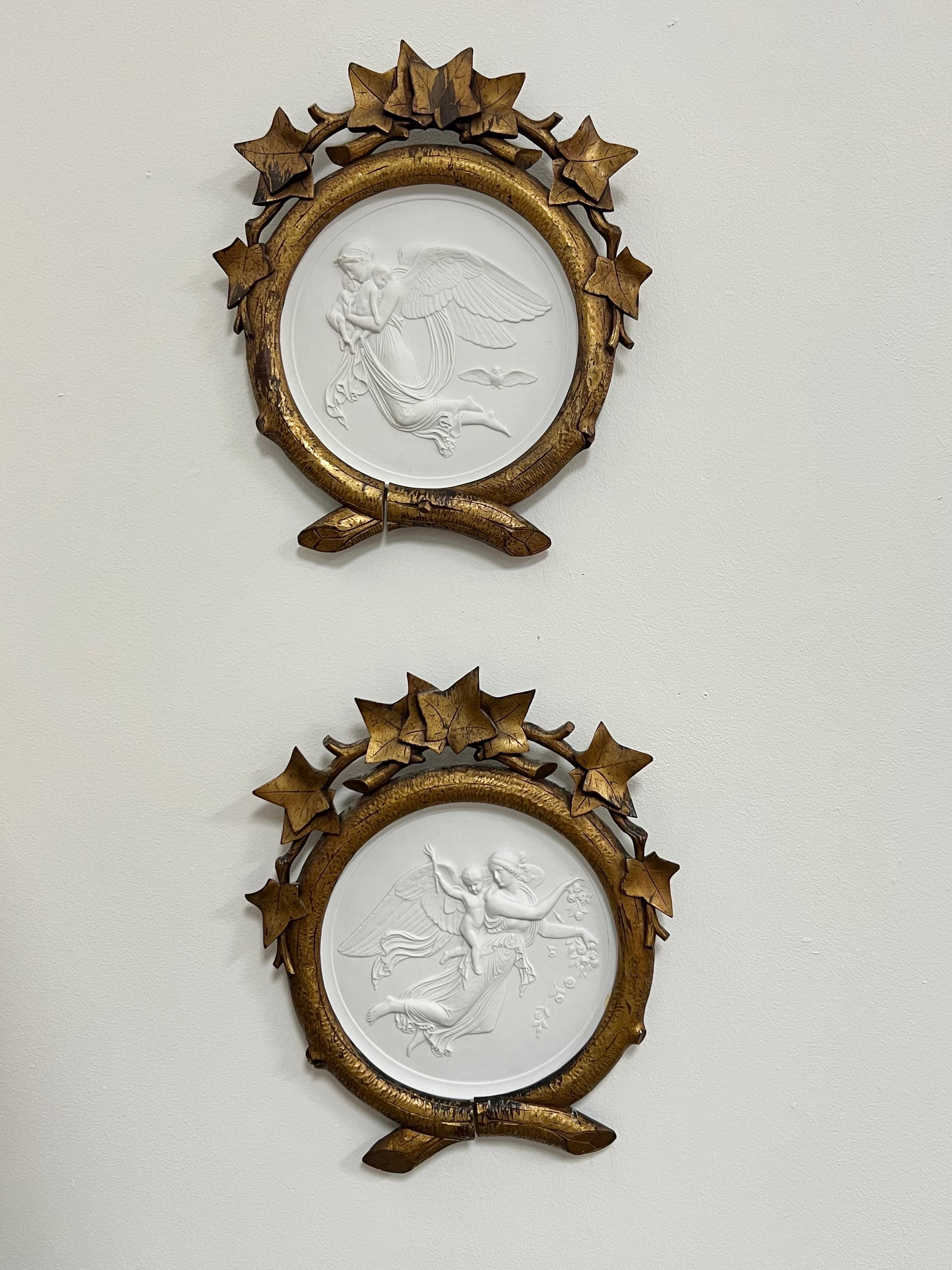 Royal Copenhagen Gilded Age Bisque Plaques with Carved Wood Frames In Good Condition For Sale In Miami, FL