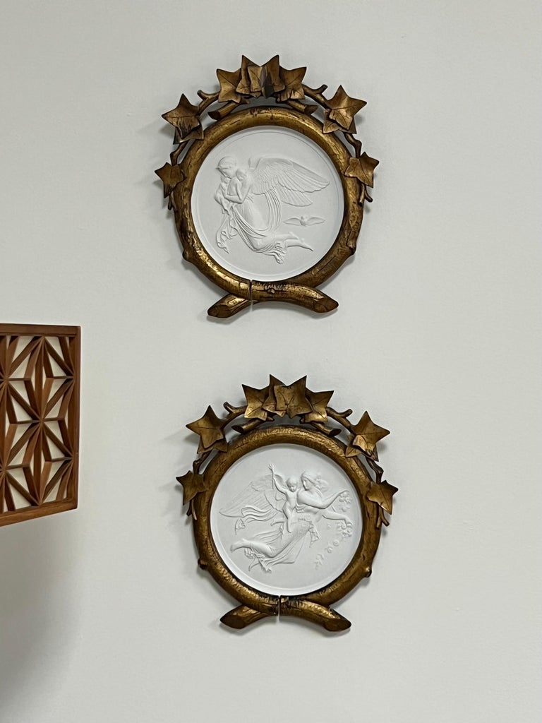Royal Copenhagen Gilded Age Bisque Plaques with Carved Wood Frames For Sale 3