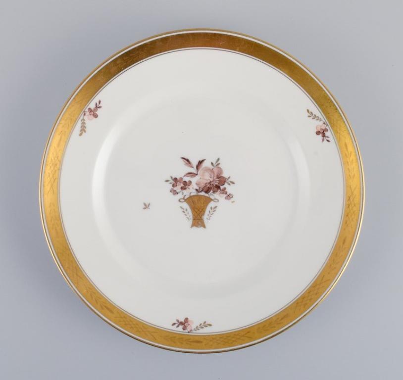 Danish Royal Copenhagen, Gold Basket, Two Dinner Plates and One Lunch Plate For Sale
