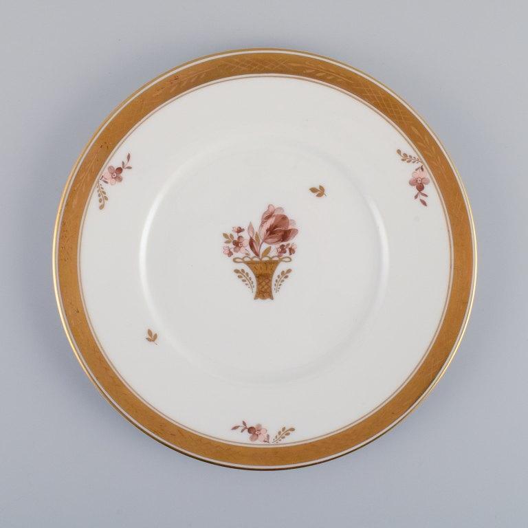 Hand-Painted Royal Copenhagen, Gold Basket, Two Dinner Plates and One Lunch Plate For Sale