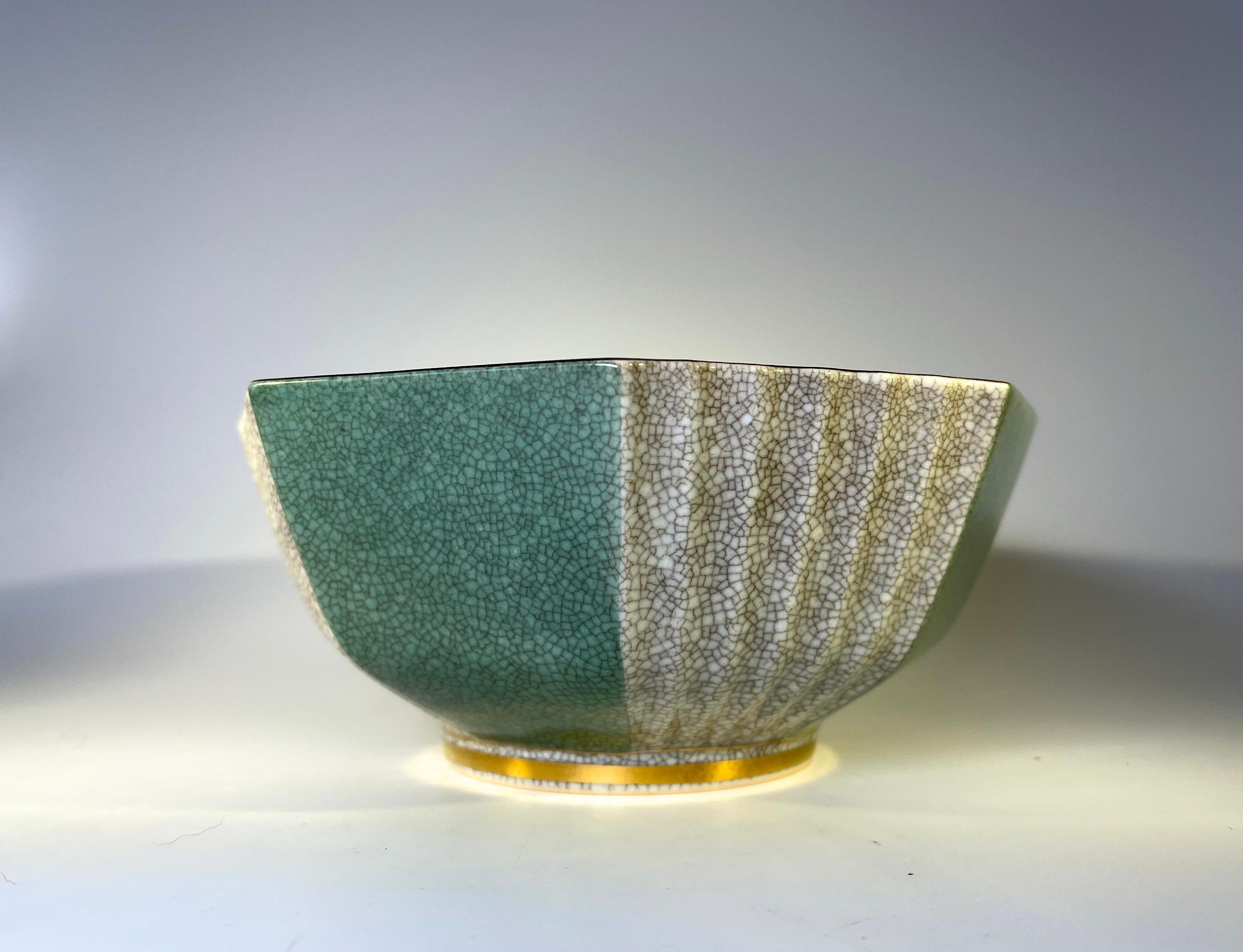 Art Deco Royal Copenhagen Green and Grey Hexagonal Crackle Glazed Bowl, Gilded Band #3419