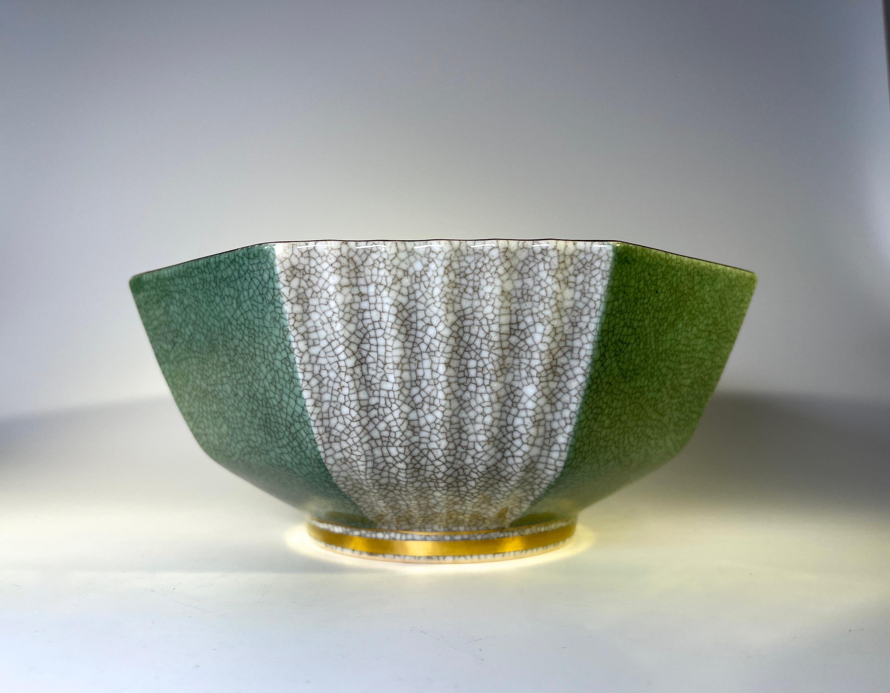 Danish Royal Copenhagen Green and Grey Hexagonal Crackle Glazed Bowl, Gilded Band #3419