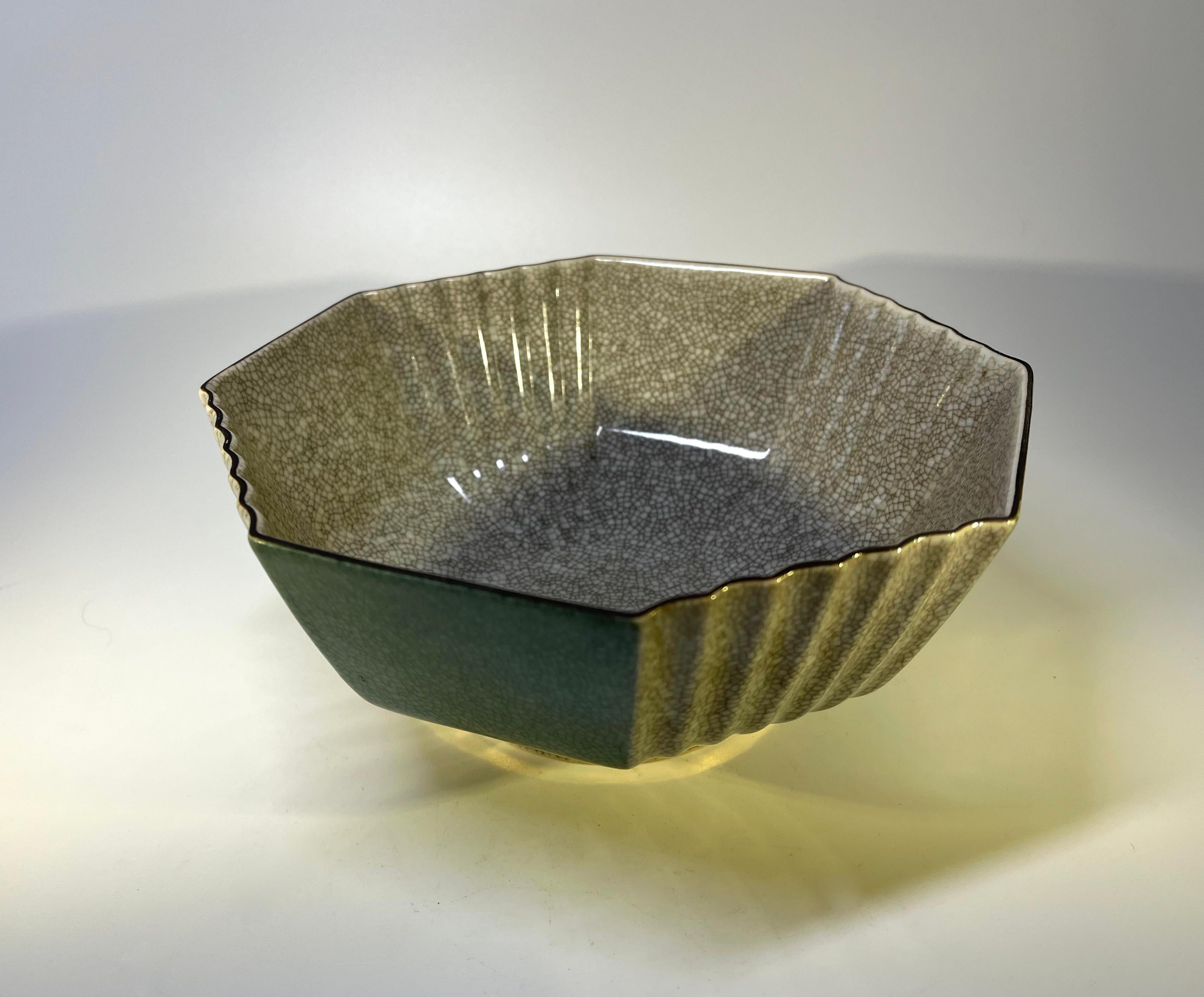 20th Century Royal Copenhagen Green and Grey Hexagonal Crackle Glazed Bowl, Gilded Band #3419